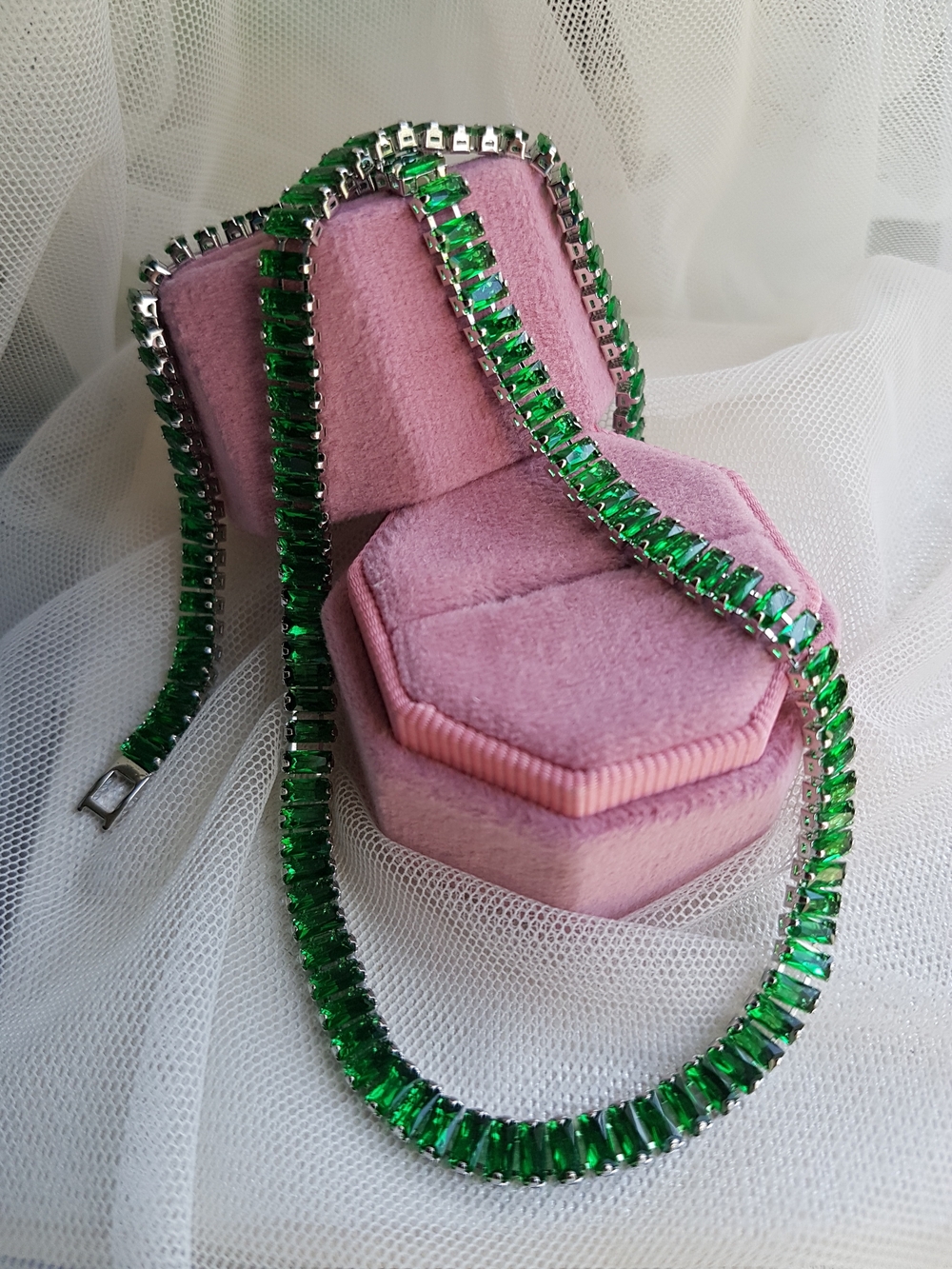 Swarovski Elements Silver Emerald Green Emerald-cut Baguette Tennis Necklace NEW - Picture 17 of 17